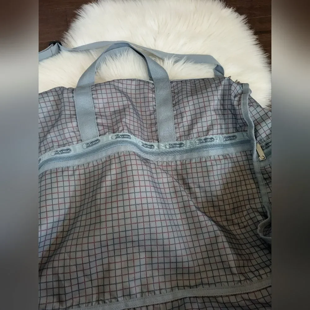 Vintage LESPORTSAC Grid Print Duffle Weekender Gray Blue Checkered Duffel Bag